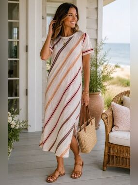 Lou & Grey Striped Cotton Maxi Dress S Side Slit Relaxed T-Shirt Dress